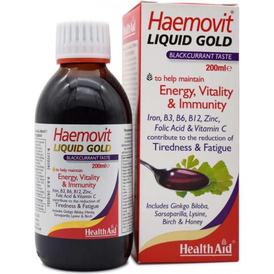 Health Aid Ηaemovit liquid Gold Σιρόπι με Βιταμίνες, Μέταλλα, Τζίνγκο Μπιλόμπα & Τζίνσενγκ 200ml