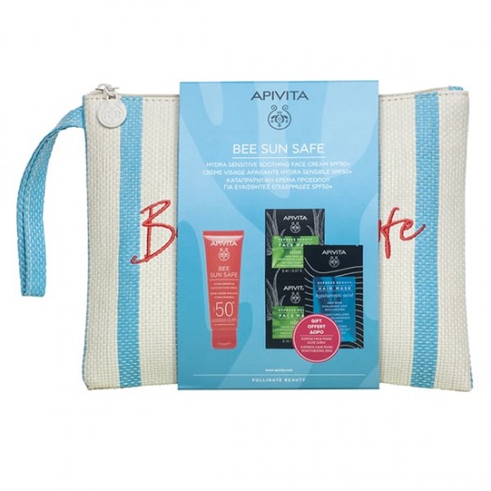 Apivita Bee Sun Safe Promo Pack με Hydra Sensitive Soothing Face Cream SPF50+, 50ml & Δώρο Express Beauty Face Mask Aloe, 2x8ml & Express Beauty Hair Mask Hyaluronic Acid, 20ml & Νεσεσέρ 1σετ