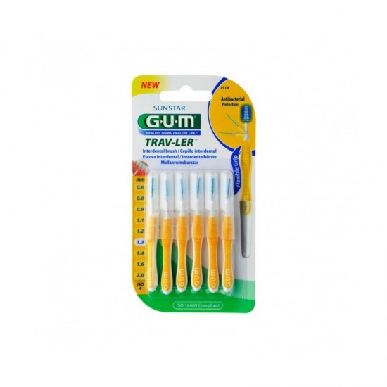 GUM 1514 Trav-ler Interdental Brush - Μεσοδόντιο Βουρτσάκι 1.3mm Κίτρινο 6 τμχ 1+1 δώρο