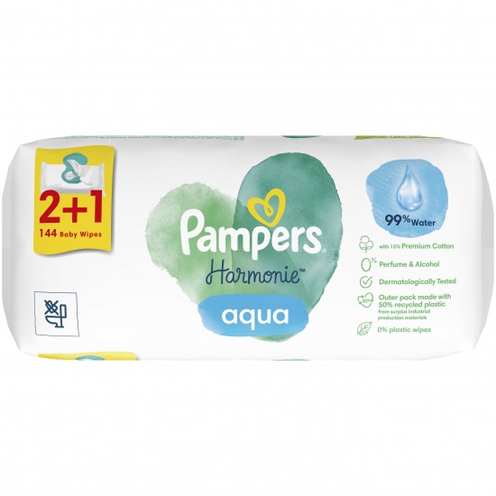 Pampers Harmonie Aqua Baby Wipes Μωρομάντηλα 2+1 Δώρο 144τμχ