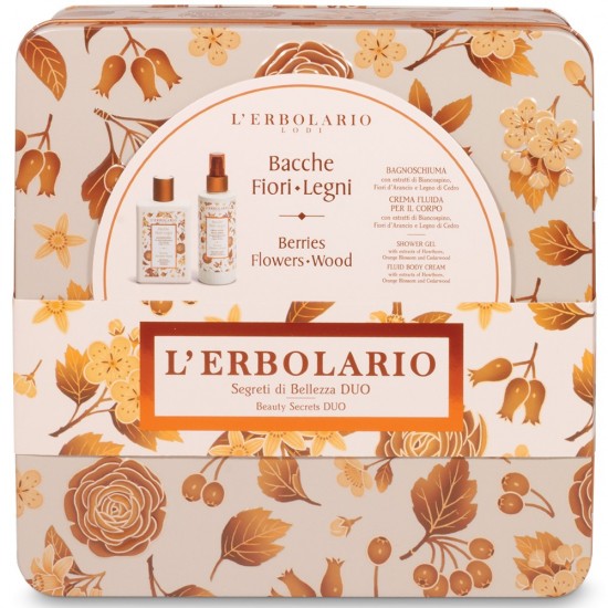 L'Erbolario Bacche Fiori Legni - Limited Edition - Segreti di Bellezza Duo (unisex) -Αφρόλουτρο 250ml & Αρωματική κρέμα Σώματος 200ml σε Κομψό λουλουδάτο μεταλλικό κουτί.