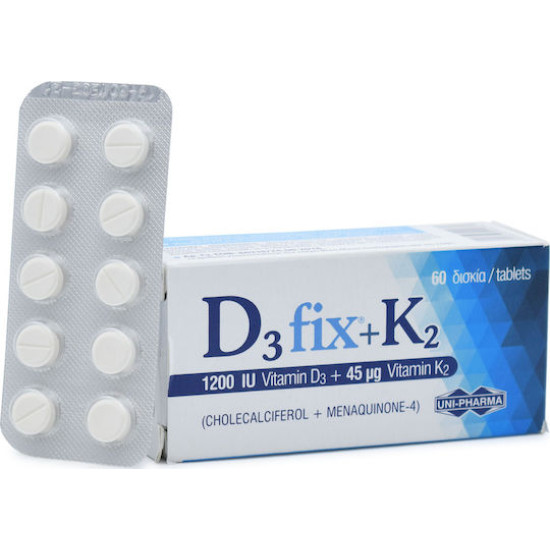 UNI-PHARMA D3 Fix + K2 Βιταμίνη για Ενίσχυση του Ανοσοποιητικού & την Υγεία των Οστών 1200iu 45mcg 60 ταμπλέτες