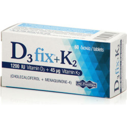 UNI-PHARMA D3 Fix + K2 Βιταμίνη για Ενίσχυση του Ανοσοποιητικού & την Υγεία των Οστών 1200iu 45mcg 60 ταμπλέτες